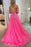 Off Shoulder Hot Pink Tulle Lace Long Prom Dresses with High Slit, Hot Pink Lace Formal Graduation Evening Dresses 