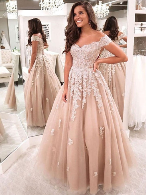 Off Shoulder Lace Long Champagne Prom Dresses, Off Shoulder Champagne Formal Dresses, Lace Champagne Evening Dresses