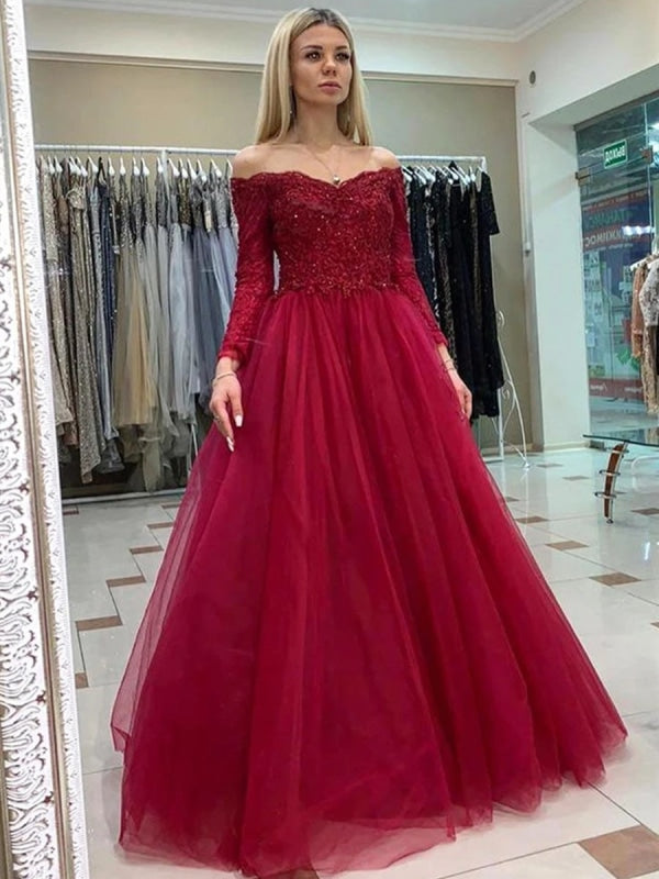 Off Shoulder Long Sleeves Burgundy Lace Prom Dresses, Long Sleeves Burgundy Lace Formal Dresses, Burgundy Lace Evening Dresses