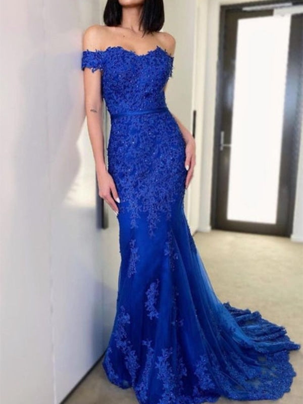 Off Shoulder Mermaid Blue Lace Long Prom Dresses, Blue Lace Formal Dresses, Mermaid Blue Evening Dresses 