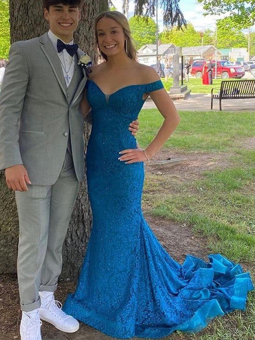 Off Shoulder Mermaid Blue Lace Long Prom Dresses, Mermaid Blue Formal Dresses, Blue Lace Evening Dresses 