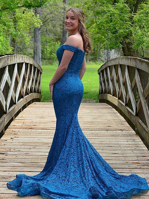 Off Shoulder Mermaid Blue Lace Long Prom Dresses, Mermaid Blue Formal Dresses, Blue Lace Evening Dresses 