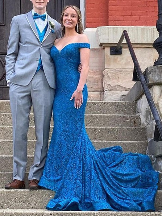 Off Shoulder Mermaid Blue Lace Long Prom Dresses, Mermaid Blue Formal Dresses, Blue Lace Evening Dresses 