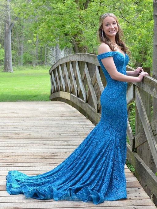 Off Shoulder Mermaid Blue Lace Long Prom Dresses, Mermaid Blue Formal Dresses, Blue Lace Evening Dresses 