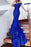 Off Shoulder Mermaid Blue Lace Long Prom Dresses, Blue Lace Formal Dresses, Mermaid Blue Evening Dresses 