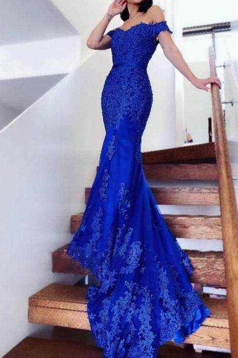 Off Shoulder Mermaid Blue Lace Long Prom Dresses, Blue Lace Formal Dresses, Mermaid Blue Evening Dresses 