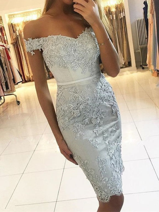 Off Shoulder Mermaid Blue Lace Prom Dresses Mermaid Blue Homecoming Dresses Short Blue Formal Evening Dresses - Prom Dress