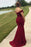 Off Shoulder Mermaid Burgundy Lace Long Prom Dresses with High Slit, Mermaid Burgundy Formal Dresses, Burgundy Lace Evening Dresses 