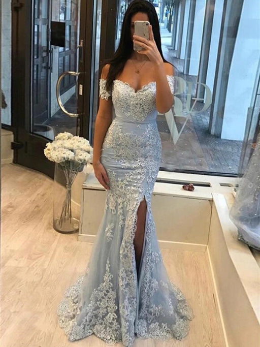 Off Shoulder Mermaid Light Blue Lace Long Prom Dresses, Off Shoulder Light Blue Formal Dresses, Mermaid Light Blue Evening Dresses