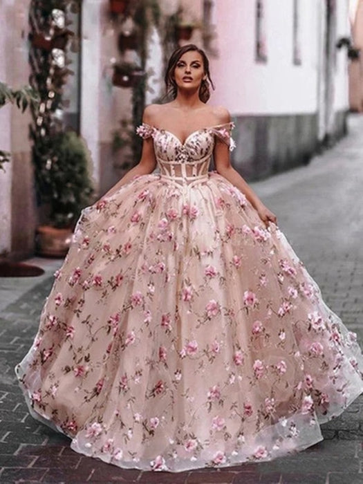 Off Shoulder Pink Floral Long Prom, Off ...