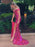 Off Shoulder Pink Sequins Mermaid long Prom Dresses with High Slit, Mermaid Pink Formal Graduation Evening Dresses 