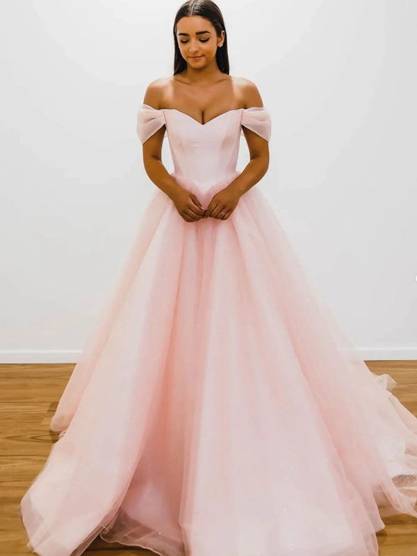 Off Shoulder Pink Tulle Long Prom Dresses, Pink Tulle Formal Graduation Evening Dresses 