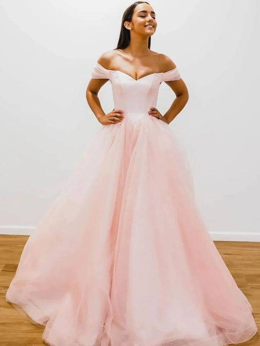 Off Shoulder Pink Tulle Long Prom Dresses, Pink Tulle Formal Graduation Evening Dresses 