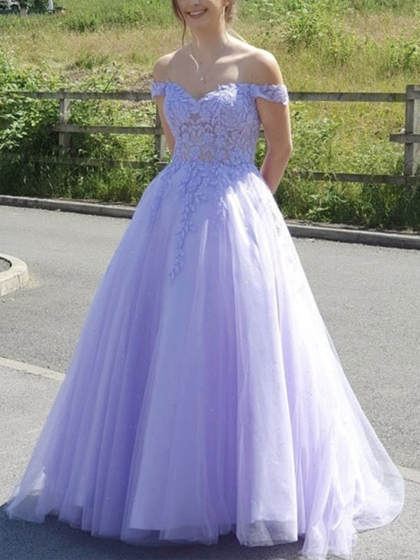 Off Shoulder Purple Lace Long Prom Dresses, Purple Lace Formal Dresses, Long Purple Evening Dresses