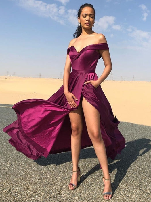 Off Shoulder Purple Long Prom Dresses with High Slit, Off the Shoulder Purple Formal Graduation Evening Dresses with Pockets