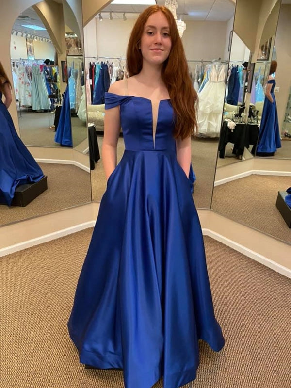 Off Shoulder Royal Blue Satin Long Prom Dresses with Pocket, Long Royal Blue Formal Graduation Evening Dresses 