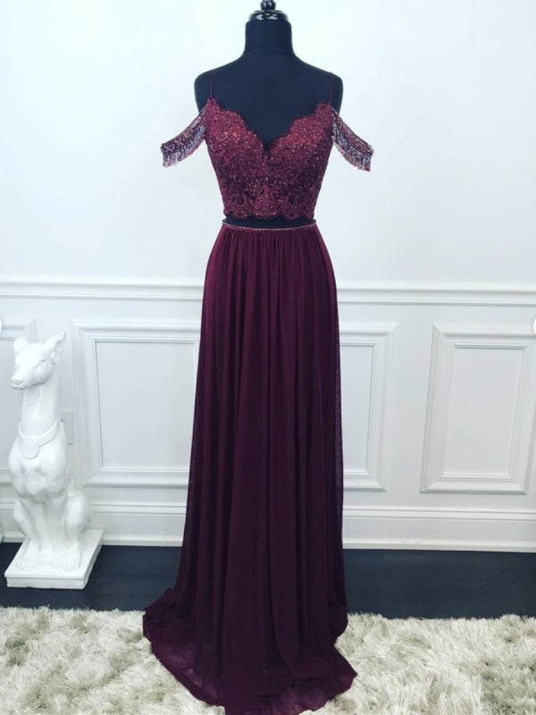 Off Shoulder Two Pieces Purple Lace Beaded Long Prom Dresses, 2 Pieces Purple Lace Formal Graduation Evening Dresses