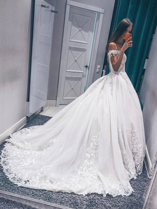 Off Shoulder White Lace Appliques Long Wedding Dresses, Off the Shoulder White Lace Prom Dresses, White Formal Evening Dresses