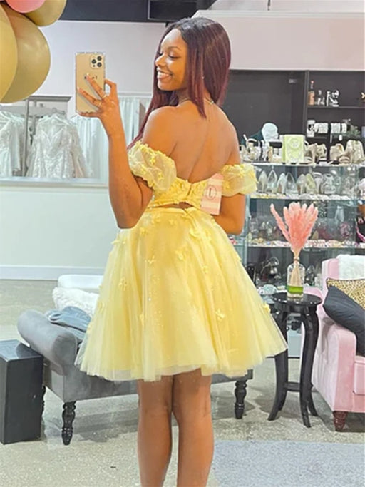 Off Shoulder Yellow Lace Floral Prom Dresses, Yellow Lace Homecoming Dresses, Short Yellow Formal Evening Dresses 