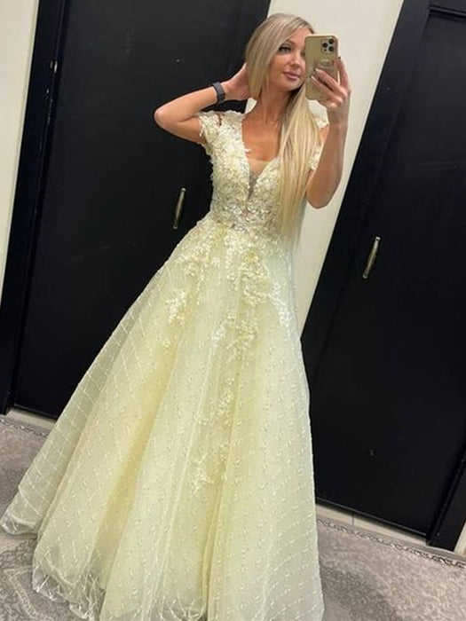 Off Shoulder Yellow Lace Tulle Long Prom Dresses, Yellow Lace Formal Dresses, Yellow Evening Dresses 