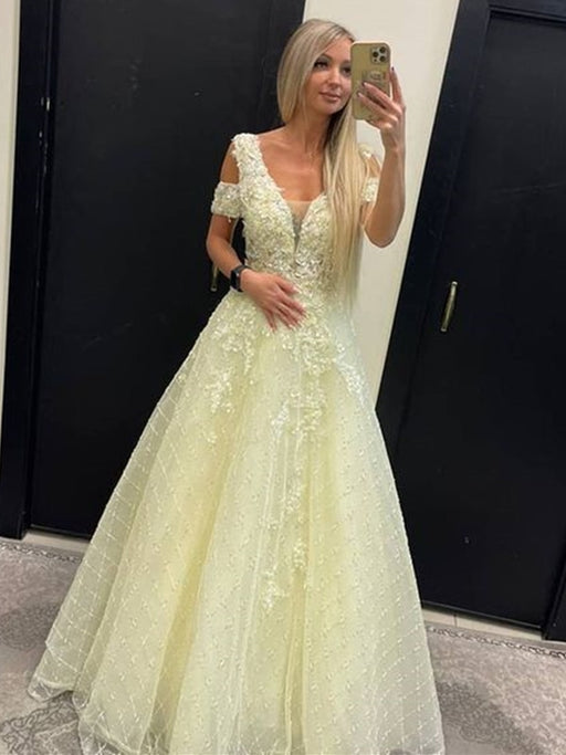 Off Shoulder Yellow Lace Tulle Long Prom Dresses, Yellow Lace Formal Dresses, Yellow Evening Dresses 