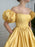 Off Shoulder Yellow Satin Long Prom Dresses with High Slit, Off the Shoulder Yellow Formal Evening Dresses 