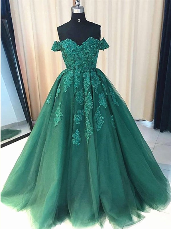 Off the Shoulder Beaded Emerald Green Lace Long Prom Dresses, Off Shoulder Green Lace Formal Evening Dresses, Green Ball Gown