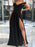 Off the Shoulder Black Satin Long Prom Dresses with High Slit, Off Shoulder Black Formal Graduation Evening Dresses 