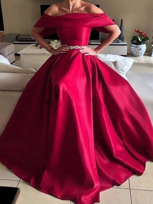 Off-The-Shoulder Floor-Length With Sash/Ribbon/Belt Satin Dresses - Prom Dresses