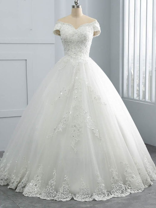 Off The Shoulder Long Sleeve Ball Gown Wedding Dress - Bridelily