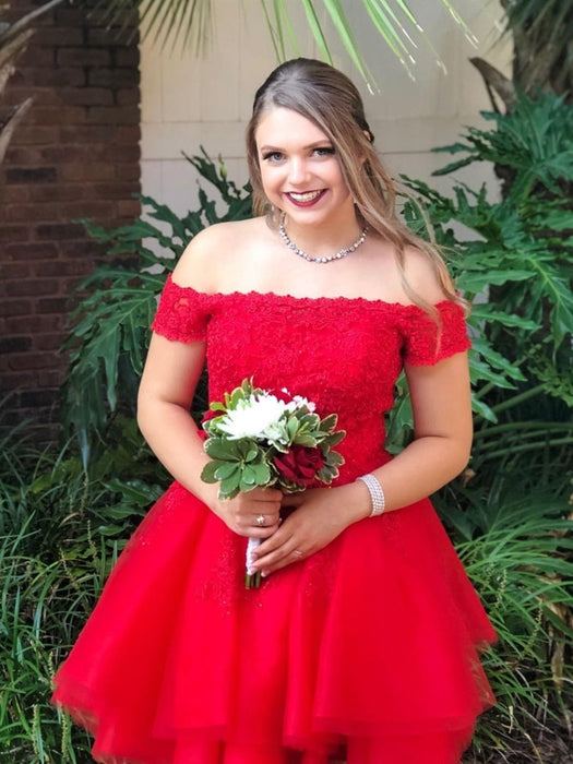 Off the Shoulder Layered Red Lace Short Prom Homecoming Dresses, Off Shoulder Red Formal Dresses, Red Lace Evening Dresses 