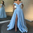 Off the Shoulder Light Blue Satin Long Prom Dresses with Slit, Off Shoulder Light Blue Formal Evening Dresses