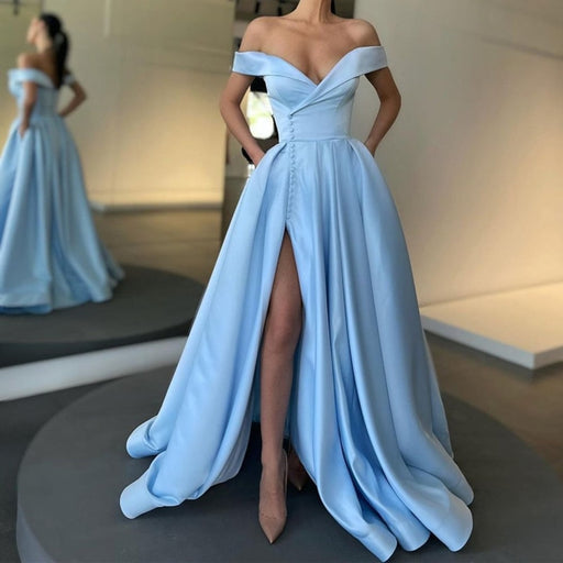 Off the Shoulder Light Blue Satin Long Prom with Slit Off Shoulder Li Bridelily