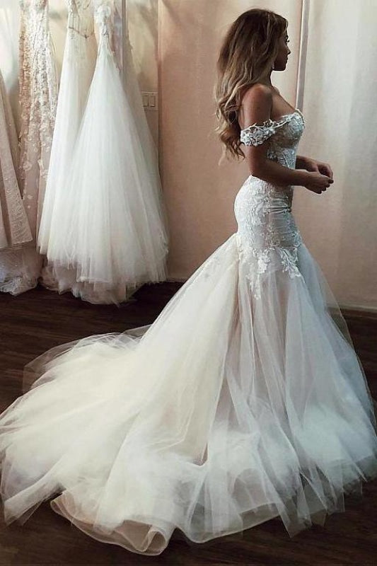 Plus Size A-Line Wedding Dresses  Off-the-Shoulder Lace Wedding Dress —  Bridelily