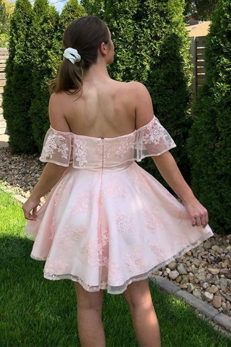 Off the Shoulder Pink Lace Short Prom Dresses, Off Shoulder Pink Homecoming Dresses, Pink Lace Formal Evening Dresses 