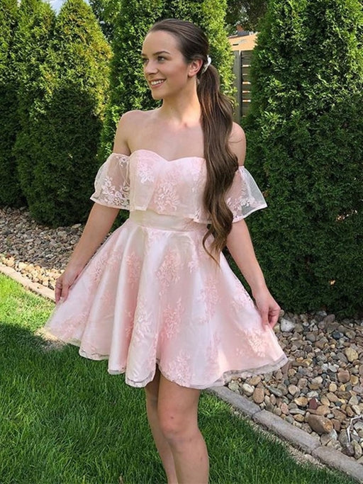 Off the Shoulder Pink Lace Short Prom Dresses, Off Shoulder Pink Homecoming Dresses, Pink Lace Formal Evening Dresses 