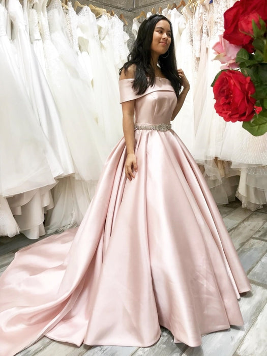 Off the Shoulder Pink Satin Long Prom Dresses with Belt, Off Shoulder Pink Formal Graduation Evening Dresses 