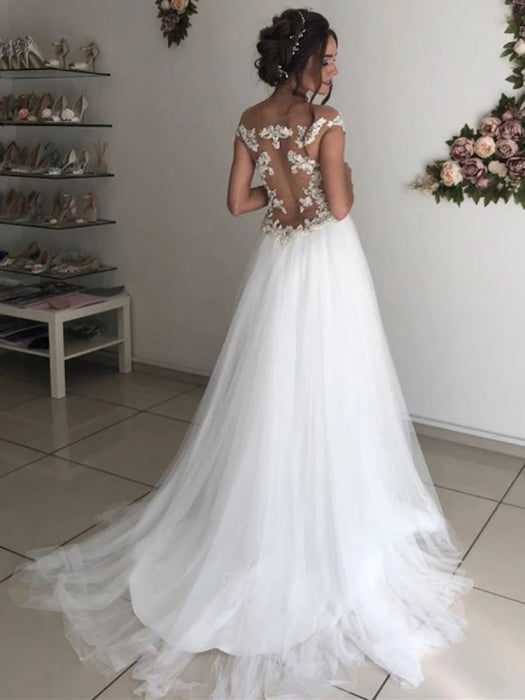 Off the Shoulder Round Neck White Lace Wedding Dresses, Off Shoulder White Lace Long Prom Formal Evening Dresses