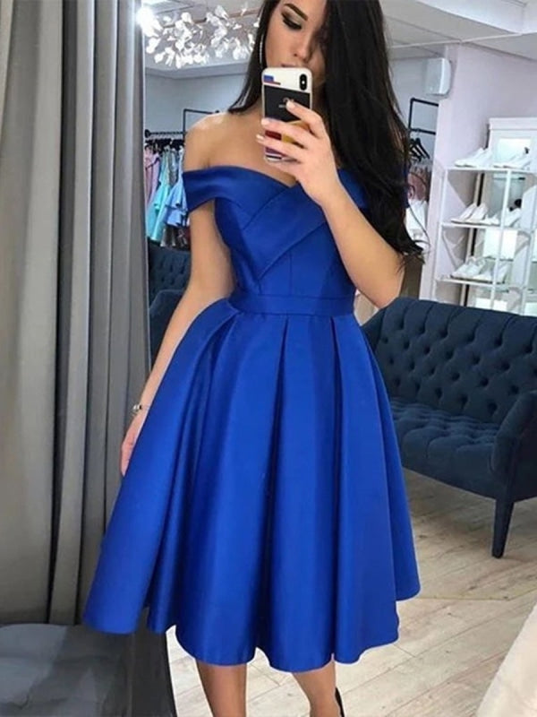 Off Shoulder Royal Blue Satin Long Prom Dress with Leg Slit, Off Shoulder  Royal Blue Formal Graduation Evening Dress