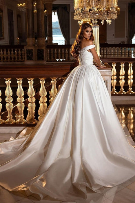 Ball Gown Off-the-shoulder Satin Sweep Train Wedding Dresses With
