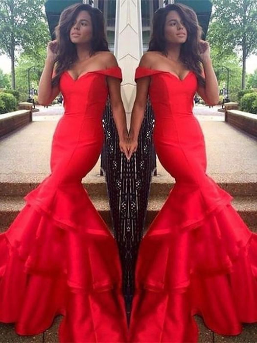 Off-The-Shoulder Taffeta With Layers Sweep/Brush Train Dresses - Prom Dresses