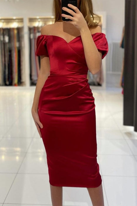 Off the Shoulder Tea Length Burgundy Prom Dresses, Wine Red Tea Length Satin Formal Evening Homecoming Dresses