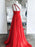 One Shoulder Backless Red Chiffon Long Prom Dresses, One Shoulder Red Formal Evening Dresses