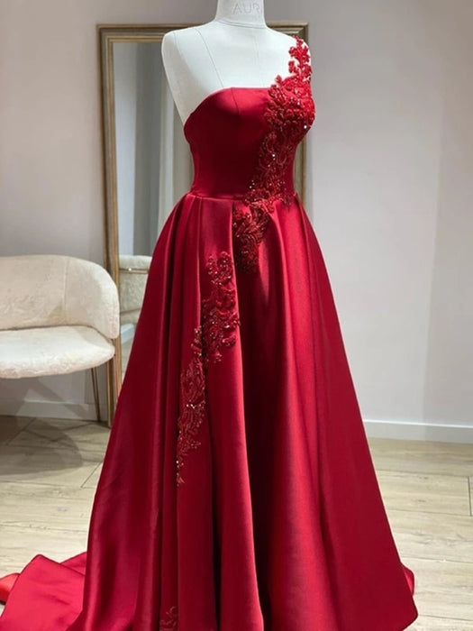 One Shoulder Burgundy Satin Long Prom Dresses with Lace Appliques, Burgundy Lace Formal Graduation Evening Dresses 