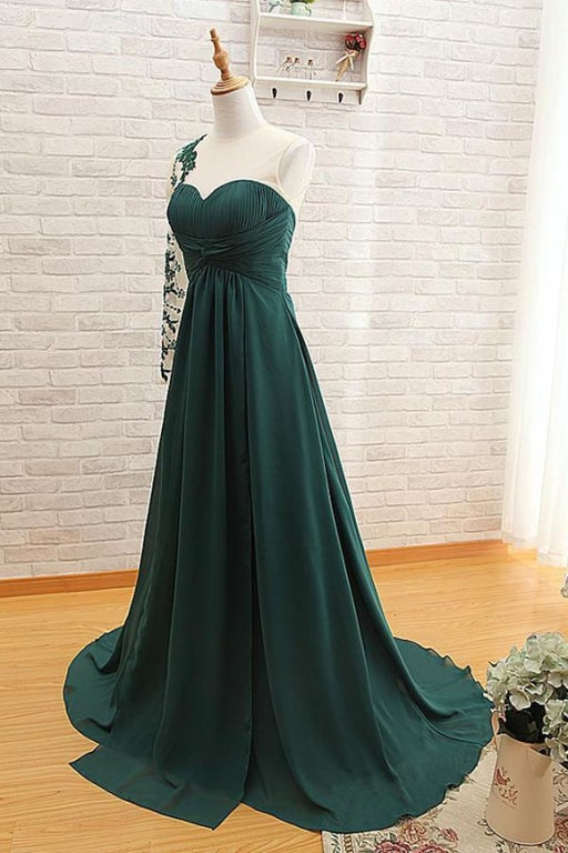 One Shoulder Long Sleeve A Line Dagreen Prom Dress - Prom Dresses