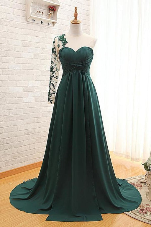 One Shoulder Long Sleeve A Line Dagreen Prom Dress - Prom Dresses