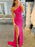 One Shoulder Open Back Mermaid Hot Pink Sequins Long Prom Dresses with High Slit, Mermaid Hot Pink Formal Graduation Evening Dresses 