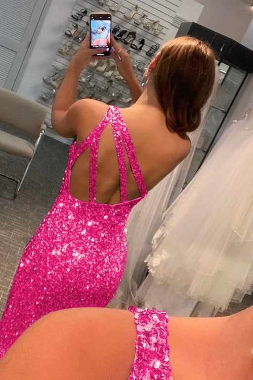 One Shoulder Open Back Mermaid Hot Pink Sequins Long Prom Dresses with High Slit, Mermaid Hot Pink Formal Graduation Evening Dresses 