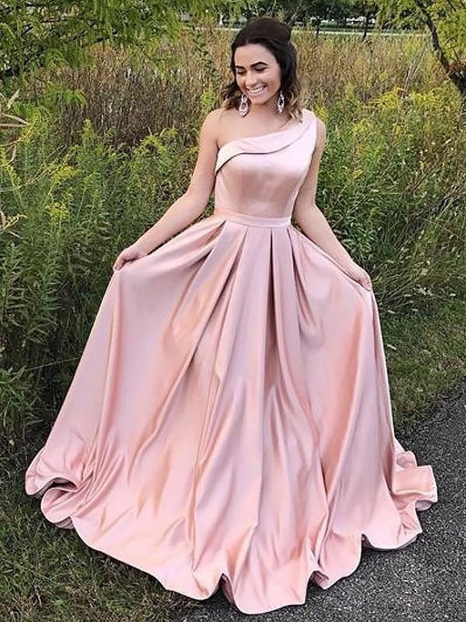 One-Shoulder Sleeveless Sweep/Brush Train With Ruffles Satin Dresses - Prom Dresses