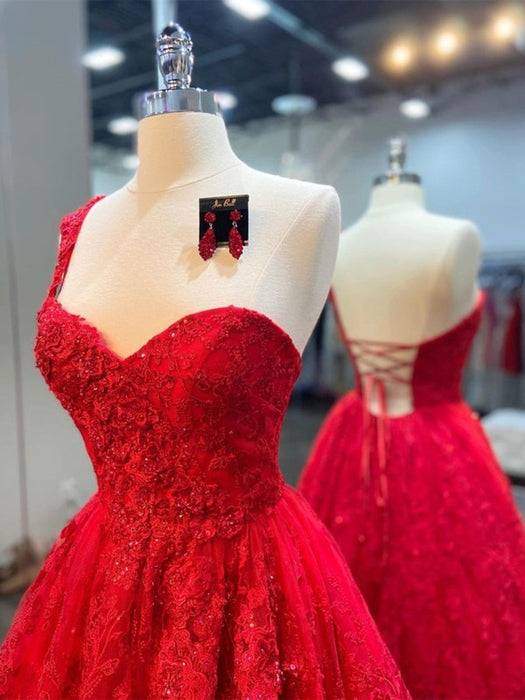 One Shoulder Sweetheart Neck Red Lace Long Prom Dresses, Red Lace Formal Dresses, Red Evening Dresses 